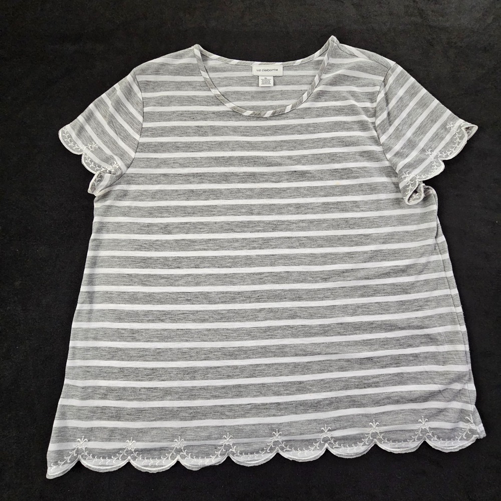 Liz Claiborne Gray Striped Short Sleeve Polyester Blend T-Shirt Women's XL
